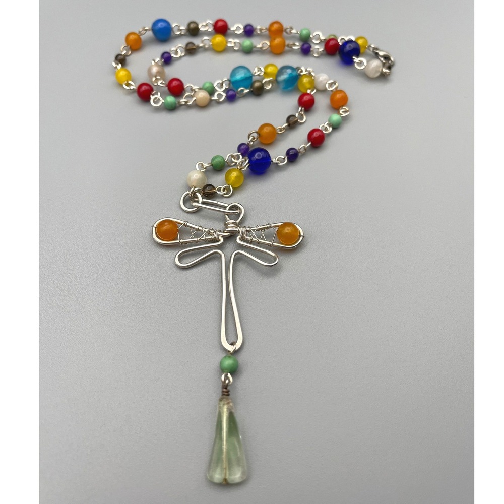 Handmade Silver Rainbow Beaded Dragonfly Necklace